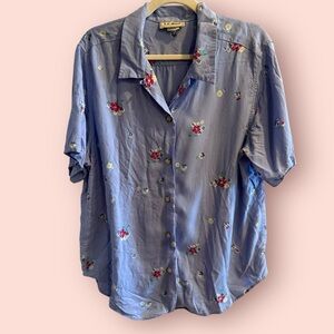 LL Bean Blue Floral Button Up Blouse Cottagecore Vintage Rayon